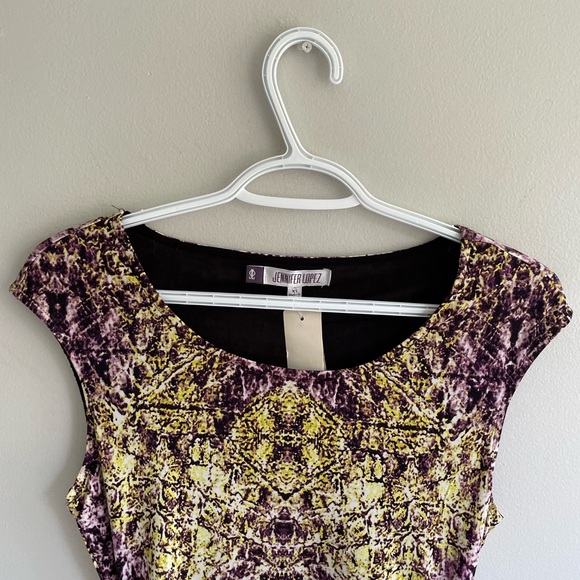 PURPLE YELLOW SLEEVELESS DRESS RUCHING ZIPPER STRETCH LINED ROUND NECK - Picture 5 of 13